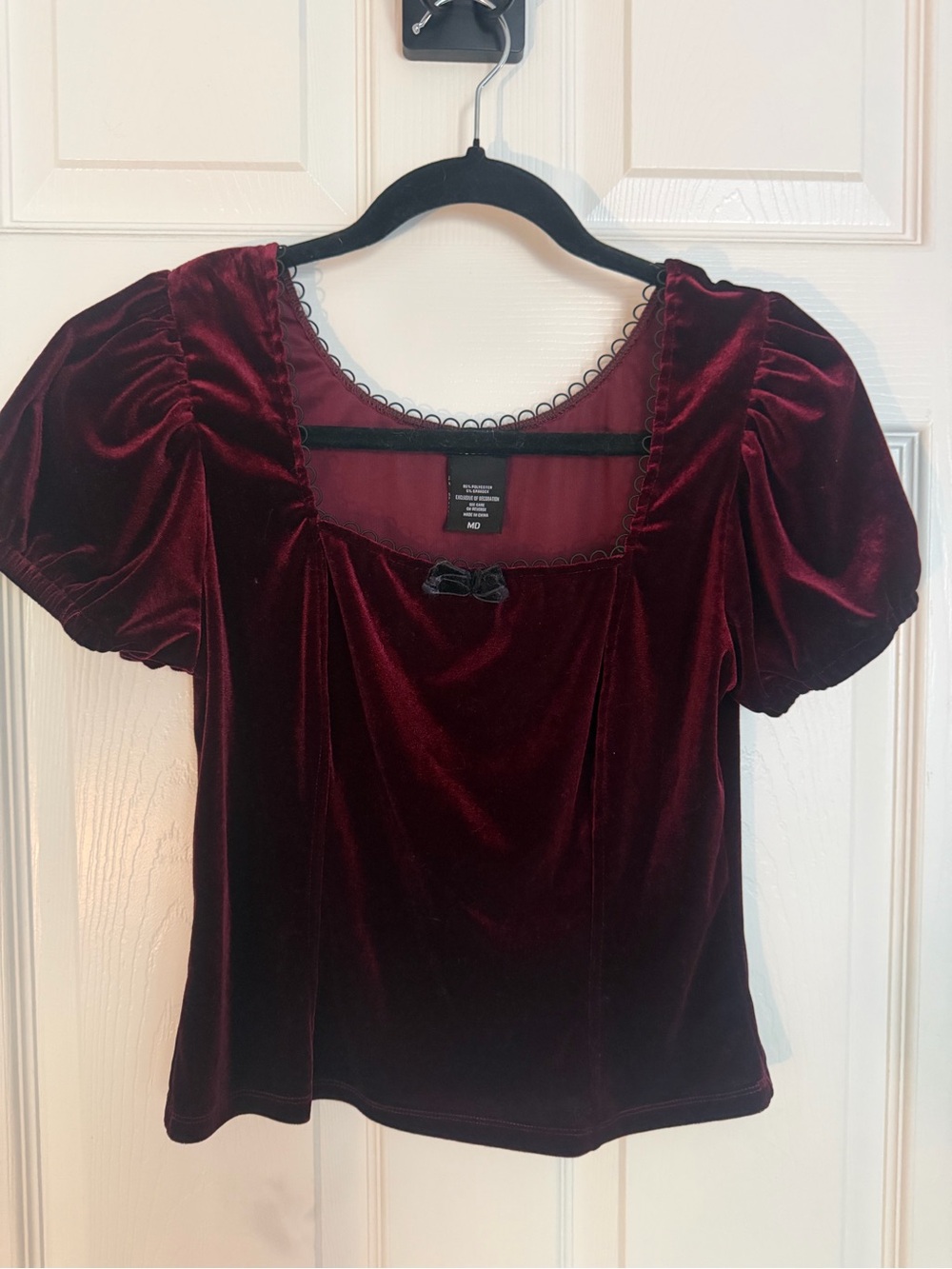 Velvet Puff-Sleeve Square Neck Blouse — Burgundy